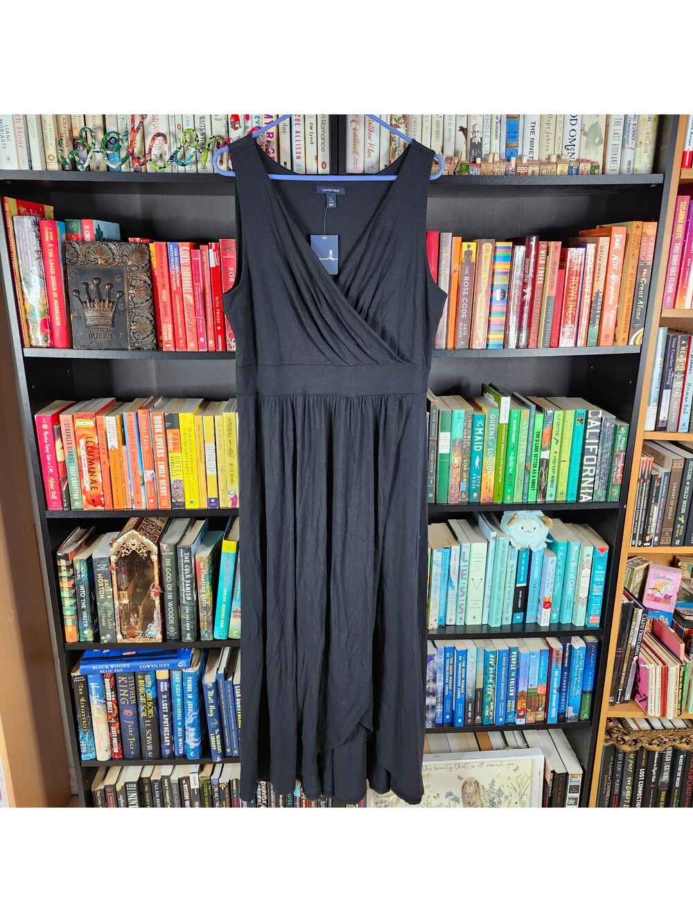 Lands' End Sleeveless Black Faux Wrap Maxi Dress Women's Large 14 16 NWT